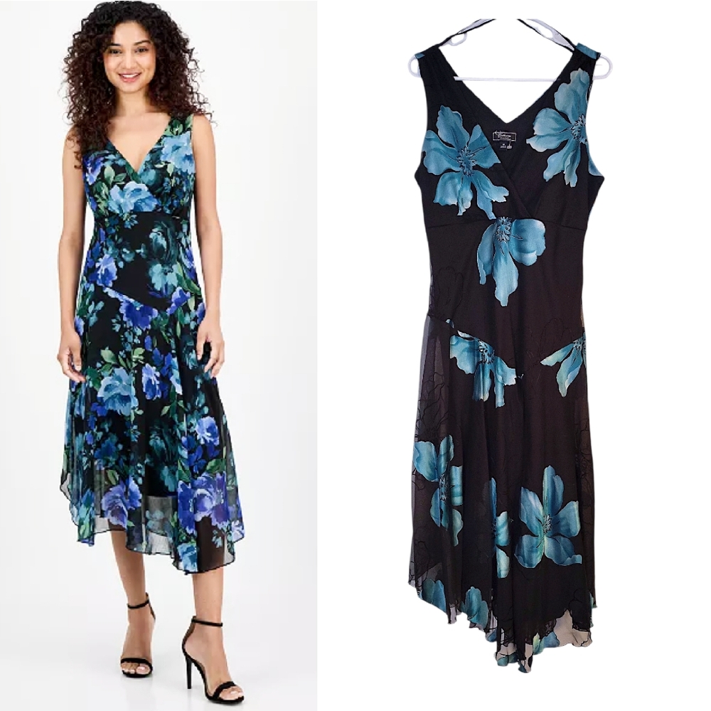 Y2K Dressbarn Black Teal Floral Fairy Sleeveless Handkerchief Dress SZ 12